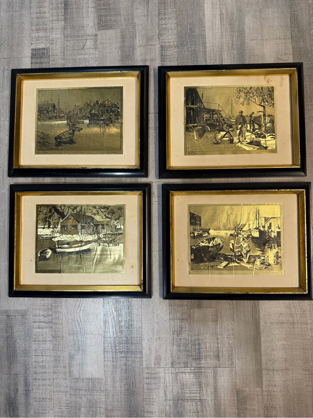 Set of 4 Vintage Lionel Barrymore Harbor Scene Framed Foil Art Prints 10x14